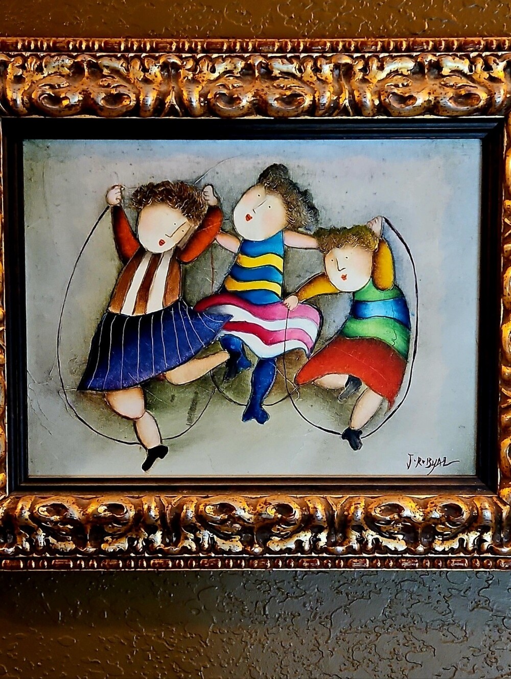 Vintage Joyce Roybal Original Oil Painting Signed Three Girls Jump Rope Framed